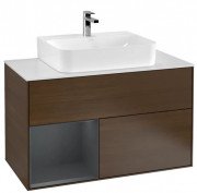 Тумба под раковину Villeroy & Boch Finion 100х50,1 см с подсветкой ДСП шпон грецкого ореха/темно-синий матовый лак/стекло белое матовое G111HGGN