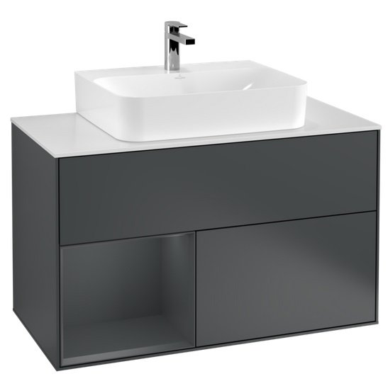 Тумба під раковину Villeroy & Boch Finion 100х50,1 см із підсвічуванням МДФ темно-синій матовий лак/скло біле матове G111HGHG