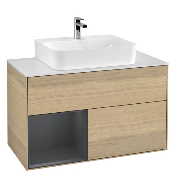 Тумба під раковину Villeroy & Boch Finion 100х50,1 см із підсвічуванням ДСП шпон дуба/темно-синій матовий лак/скло біле матове G111HGPC