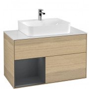 Тумба під раковину Villeroy & Boch Finion 100х50,1 см із підсвічуванням ДСП шпон дуба/темно-синій матовий лак/скло біле матове G111HGPC