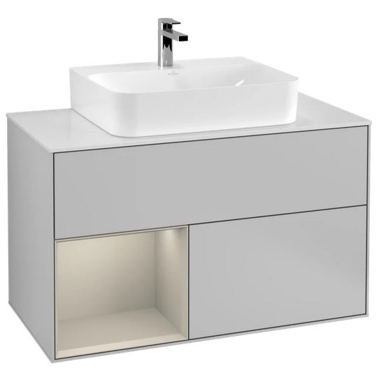 Тумба под раковину Villeroy & Boch Finion 100х50,1 см с подсветкой МДФ светло-серый матовый лак/песок матовый лак/стекло белое матовое G111HHGJ