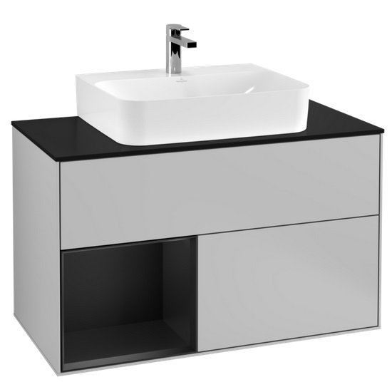 Тумба под раковину Villeroy & Boch Finion 100х50,1 см с подсветкой МДФ светло-серый матовый лак/черный матовый лак/стекло черное матовое G112PDGJ