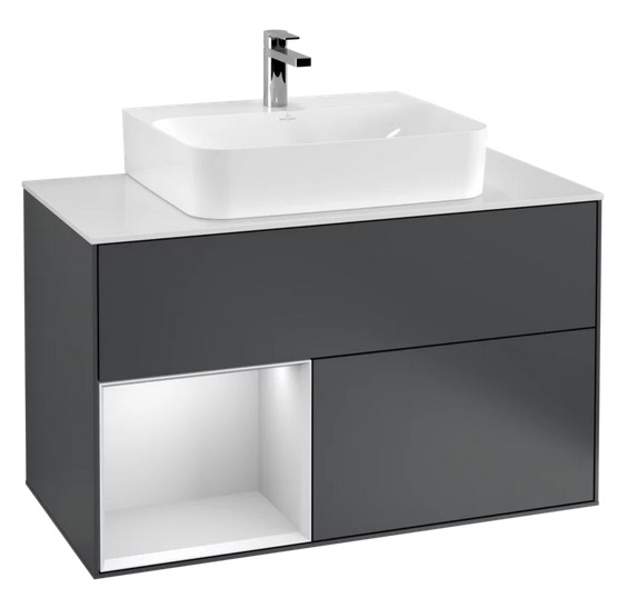 Тумба под раковину Villeroy & Boch Finion 100х50,1 см с подсветкой МДФ темно-синий матовый лак/белый матовый лак/стекло белое матовое G111MTHG