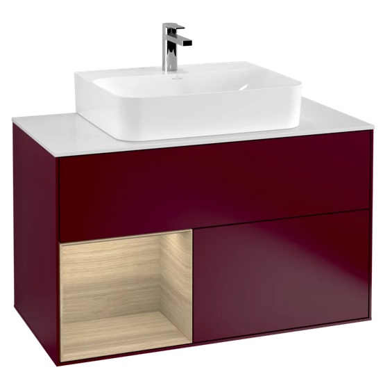 Тумба под раковину Villeroy & Boch Finion 100х50,1 см с подсветкой МДФ пион матовый лак/шпон дуба/стекло белое матовое G111PCHB