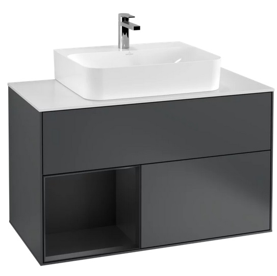 Тумба под раковину Villeroy & Boch Finion 100х50,1 см с подсветкой МДФ темно-синий матовый лак/черный матовый лак/стекло белое матовое G111PDHG