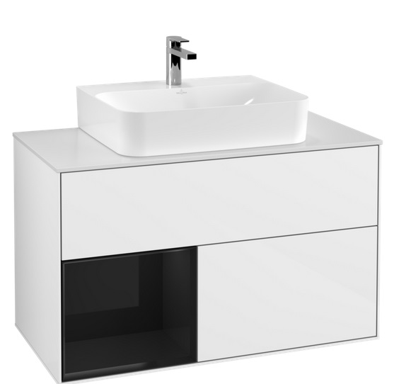 Тумба під раковину Villeroy & Boch Finion 100х50,1 см з підсвічуванням МДФ білий глянцевий лак/глянцевий чорний лак/скло біле матове G111PHGF