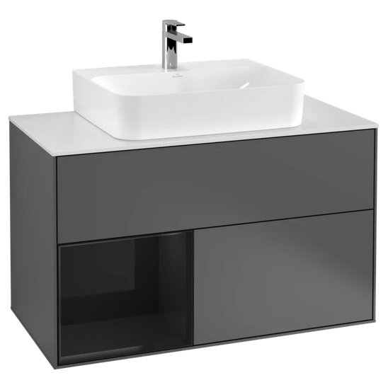 Тумба под раковину Villeroy & Boch Finion 100х50,1 см с подсветкой МДФ антрацит матовый лак/глянцевый черный лак/стекло белое матовое G111PHGK