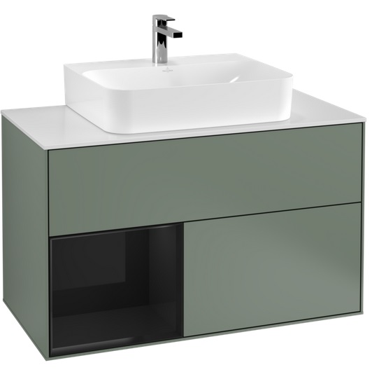 Тумба під раковину Villeroy & Boch Finion 100х50,1 см із підсвічуванням МДФ оливковий матовий лак/глянцевий чорний лак/скло біле матове G111PHGM