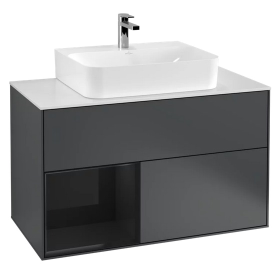 Тумба под раковину Villeroy & Boch Finion 100х50,1 см с подсветкой МДФ темно-синий матовый лак/глянцевый черный лак/стекло белое матовое G111PHHG