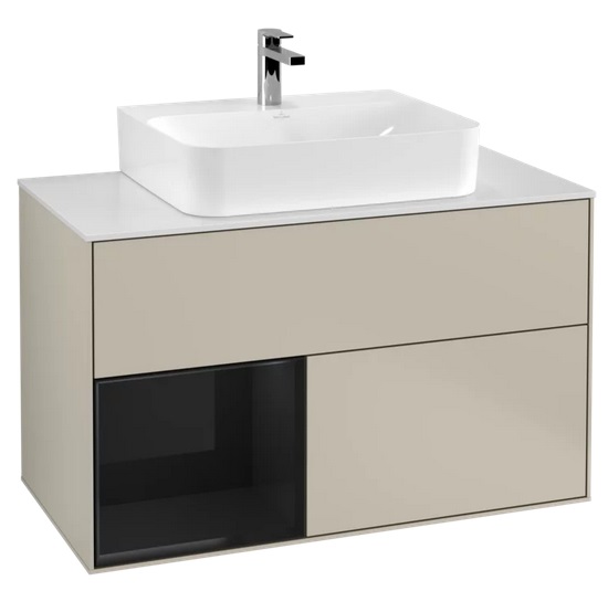 Тумба под раковину Villeroy & Boch Finion 100х50,1 см с подсветкой МДФ песок матовый лак/глянцевый черный лак/стекло белое матовое G111PHHH