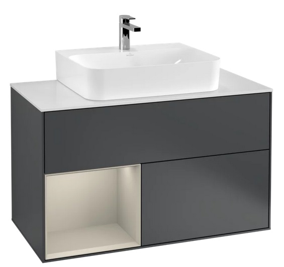 Тумба под раковину Villeroy & Boch Finion 100х50,1 см с подсветкой МДФ темно-синий матовый лак/песок матовый лак/стекло белое матовое G111HHHG