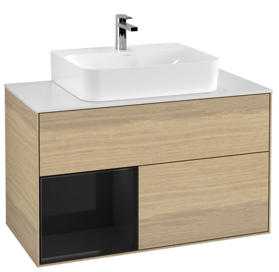 Тумба под раковину Villeroy & Boch Finion 100х50,1 см с подсветкой ДСП шпон дуба/глянцевый черный лак/стекло белое матовое G111PHPC