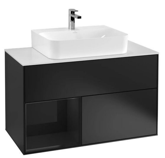 Тумба под раковину Villeroy & Boch Finion 100х50,1 см с подсветкой МДФ черный матовый лак/глянцевый черный лак/стекло белое матовое G111PHPD