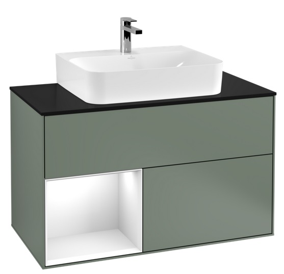 Тумба под раковину Villeroy & Boch Finion 100х50,1 см с подсветкой МДФ оливковый матовый лак/глянцевый белый лак/стекло черное матовое G112GFGM