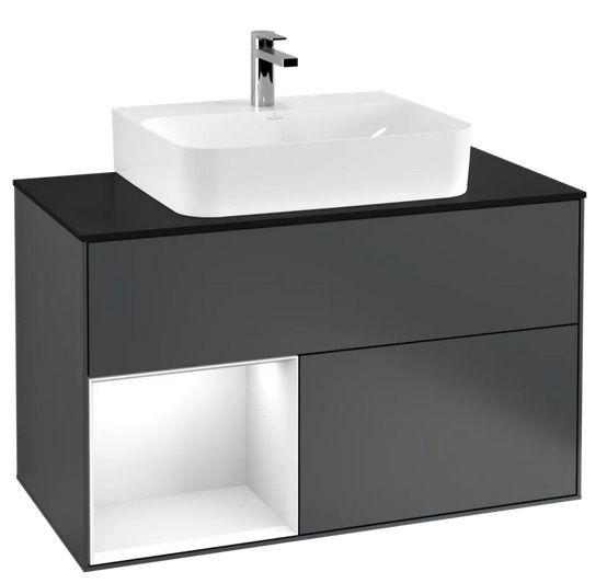Тумба під раковину Villeroy & Boch Finion 100х50,1 см з підсвічуванням темно-синій матовий лак/глянцевий білий лак/скло чорне матове G112GFHG