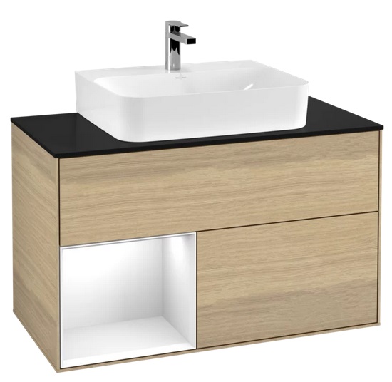 Тумба під раковину Villeroy & Boch Finion 100х50,1 см з підсвічуванням ДСП шпон дуба/глянцевий білий лак/скло чорне матове G112GFPC