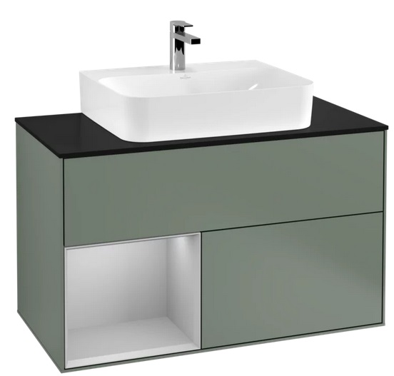 Тумба под раковину Villeroy & Boch Finion 100х50,1 см с подсветкой МДФ оливковый матовый лак/светло-серый матовый лак/стекло черное матовое G112GJGM