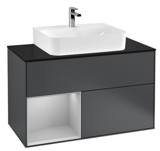 Тумба под раковину Villeroy & Boch Finion 100х50,1 см с подсветкой МДФ темно-синий матовый лак/светло-серый матовый лак/стекло черное матовое G112GJHG