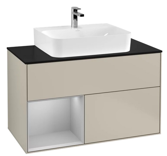 Тумба под раковину Villeroy & Boch Finion 100х50,1 см с подсветкой МДФ песок матовый лак/светло-серый матовый лак/стекло черное матовое G112GJHH