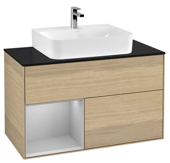 Тумба под раковину Villeroy & Boch Finion 100х50,1 см с подсветкой ДСП шпон дуба/светло-серый матовый лак/стекло черное матовое G112GJPC