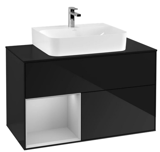 Тумба под раковину Villeroy & Boch Finion 100х50,1 см с подсветкой МДФ глянцевый черный лак/светло-серый матовый лак/стекло черное матовое G112GJPH