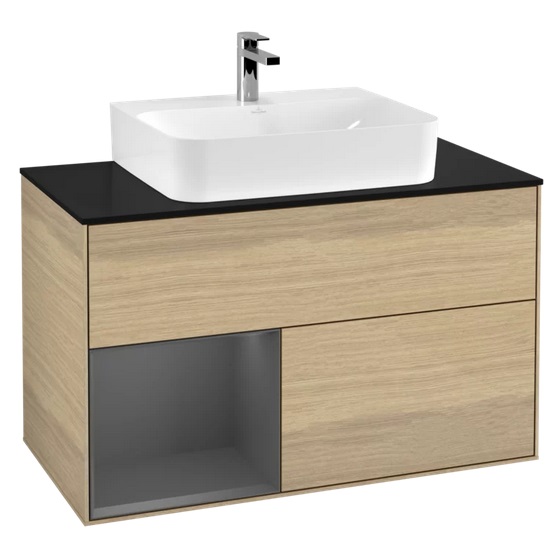 Тумба под раковину Villeroy & Boch Finion 100х50,1 см с подсветкой ДСП шпон дуба/антрацит матовый лак/стекло черное матовое G112GKPC