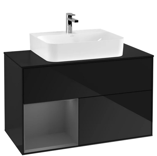 Тумба под раковину Villeroy & Boch Finion 100х50,1 см с подсветкой МДФ глянцевый черный лак/антрацит матовый лак/стекло черное матовое G112GKPH