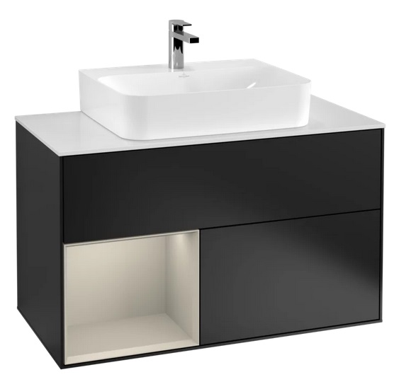 Тумба под раковину Villeroy & Boch Finion 100х50,1 см с подсветкой МДФ черный матовый лак/песок матовый лак/стекло белое матовое G111HHPD