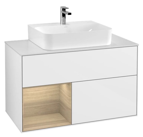 Тумба под раковину Villeroy & Boch Finion 100х50,1 см с подсветкой МДФ глянцевый белый лак/шпон дуба/стекло белое матовое G111PCGF