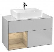 Тумба під раковину Villeroy & Boch Finion 100х50,1 см з підсвічуванням МДФ світло-сірий матовий лак/шпон дуба/скло біле матове G111PCGJ