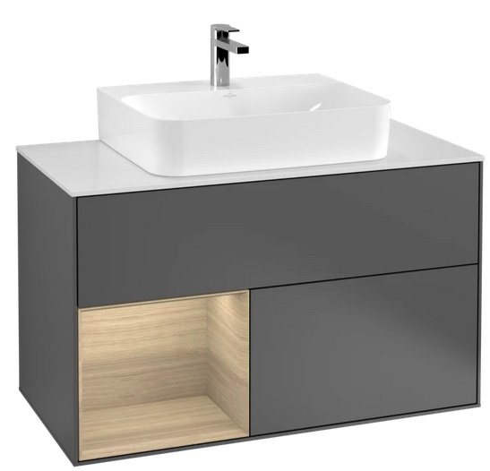 Тумба під раковину Villeroy & Boch Finion 100х50,1 см з підсвічуванням МДФ антрацит матовий лак/шпон дуба/скло біле матове G111PCGK