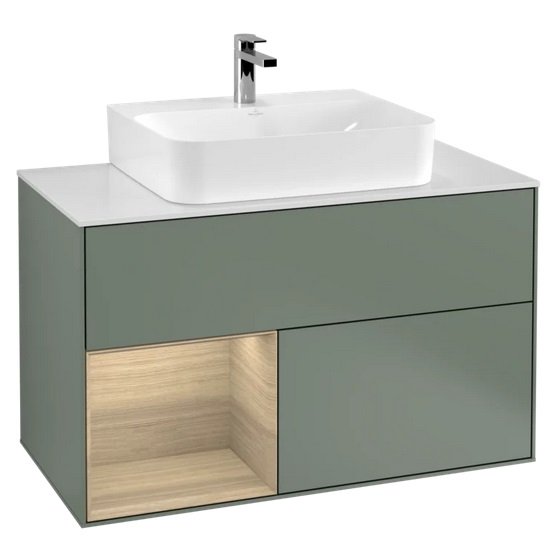 Тумба під раковину Villeroy & Boch Finion 100х50,1 см із підсвічуванням МДФ оливковий матовий лак/шпон дуба/скло біле матове G111PCGM