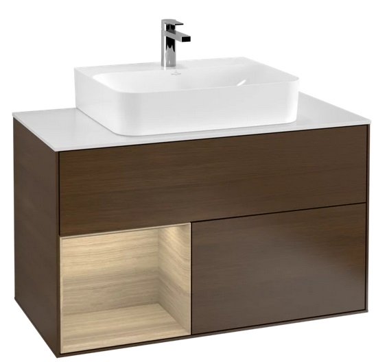 Тумба под раковину Villeroy & Boch Finion 100х50,1 см с подсветкой ДСП шпон грецкого ореха/шпон дуба/стекло белое матовое G111PCGN