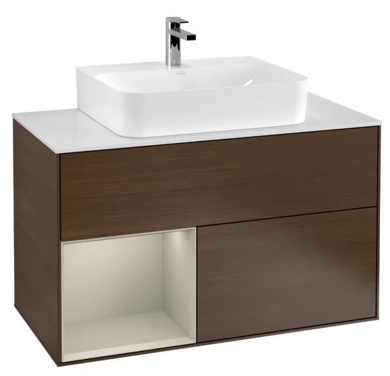 Тумба під раковину Villeroy & Boch Finion 100х50,1 см з підсвічуванням ДСП шпон волоського горіха/пісок матовий лак/скло біле матове G111HHGN