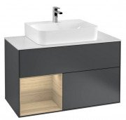 Тумба під раковину Villeroy & Boch Finion 100х50,1 см із підсвічуванням МДФ темно-синій матовий лак/шпон дуба/скло біле матове G111PCHG