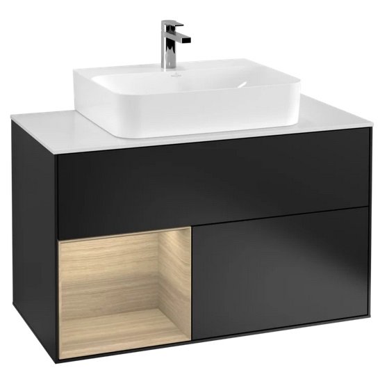 Тумба под раковину Villeroy & Boch Finion 100х50,1 см с подсветкой МДФ черный матовый лак/шпон дуба/стекло белое матовое G111PCPD