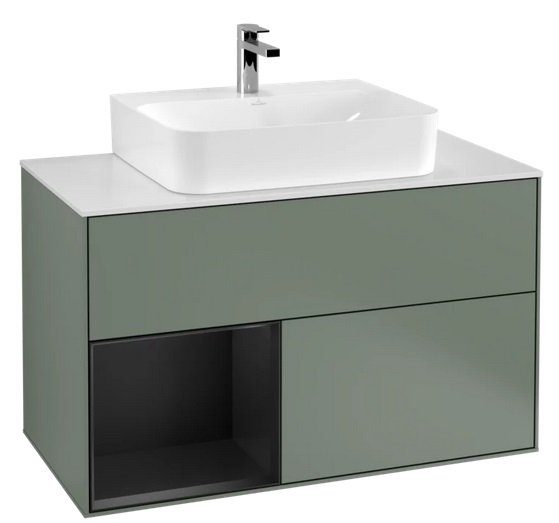 Тумба під раковину Villeroy & Boch Finion 100х50,1 см із підсвічуванням МДФ оливковий матовий лак/чорний матовий лак/скло біле матове G111PDGM