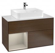 Тумба під раковину Villeroy & Boch Finion 100х50,1 см з підсвічуванням ДСП шпон волоського горіха/пісок матовий лак/скло біле матове G111HHGN