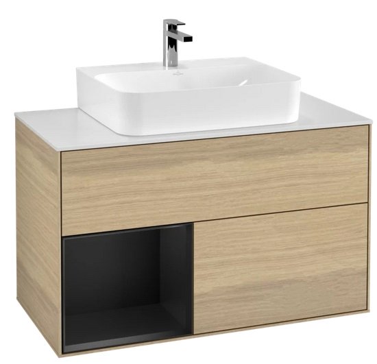 Тумба під раковину Villeroy & Boch Finion 100х50,1 см з підсвічуванням ДСП шпон дуба/чорний матовий лак/скло біле матове G111PDPC