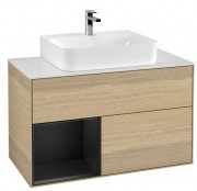 Тумба під раковину Villeroy & Boch Finion 100х50,1 см з підсвічуванням ДСП шпон дуба/чорний матовий лак/скло біле матове G111PDPC
