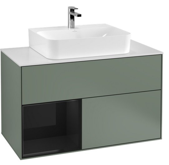 Тумба под раковину Villeroy & Boch Finion 100х50,1 см с подсветкой МДФ оливковый матовый лак/глянцевый черный лак/стекло белое матовое G111PHGM
