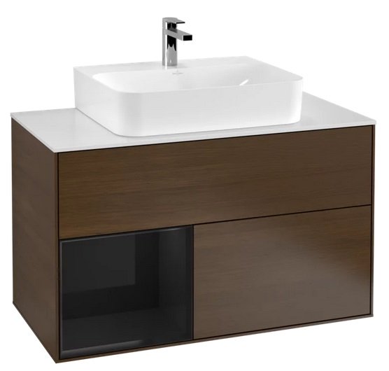 Тумба под раковину Villeroy & Boch Finion 100х50,1 см с подсветкой ДСП шпон грецкого ореха/глянцевый черный лак/стекло белое матовое G111PHGN