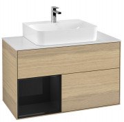 Тумба под раковину Villeroy & Boch Finion 100х50,1 см с подсветкой ДСП шпон дуба/глянцевый черный лак/стекло белое матовое G111PHPC