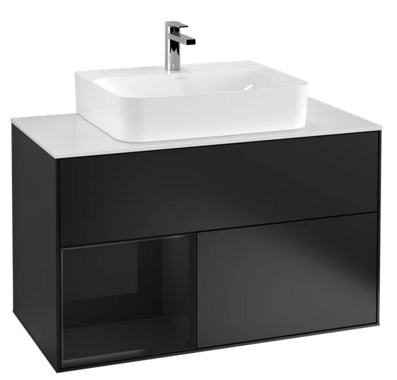 Тумба під раковину Villeroy & Boch Finion 100х50,1 см із підсвічуванням МДФ чорний матовий лак/глянцевий чорний лак/скло біле матове G111PHPD