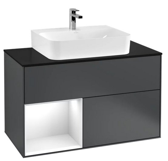 Тумба под раковину Villeroy & Boch Finion 100х50,1 см с подсветкой МДФ темно-синий матовый лак/глянцевый белый лак/стекло черное матовое G112GFHG