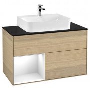 Тумба під раковину Villeroy & Boch Finion 100х50,1 см з підсвічуванням ДСП шпон дуба/глянцевий білий лак/скло чорне матове G112GFPC