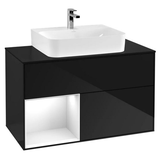 Тумба під раковину Villeroy & Boch Finion 100х50,1 см з підсвічуванням МДФ глянсовий чорний лак/глянцевий білий лак/скло G112GFPH