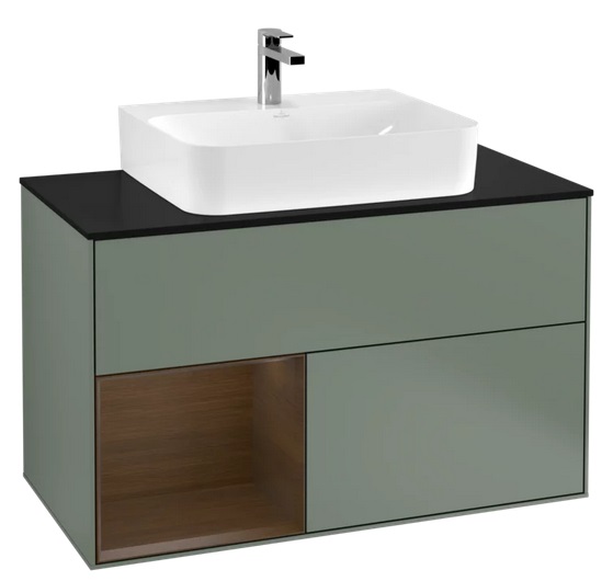 Тумба под раковину Villeroy & Boch Finion 100х50,1 см с подсветкой МДФ оливковый матовый лак/шпон грецкого ореха/стекло черное матовое G112GNGM