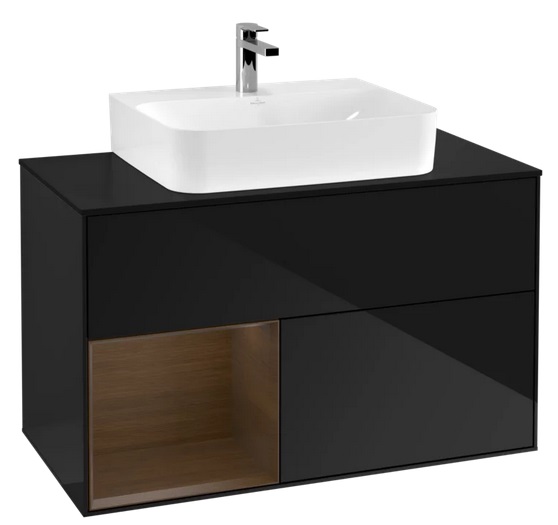 Тумба під раковину Villeroy & Boch Finion 100х50,1 см із підсвічуванням МДФ глянсовий чорний лак/шпон волоського горіха/скло чорне матове G112GNPH