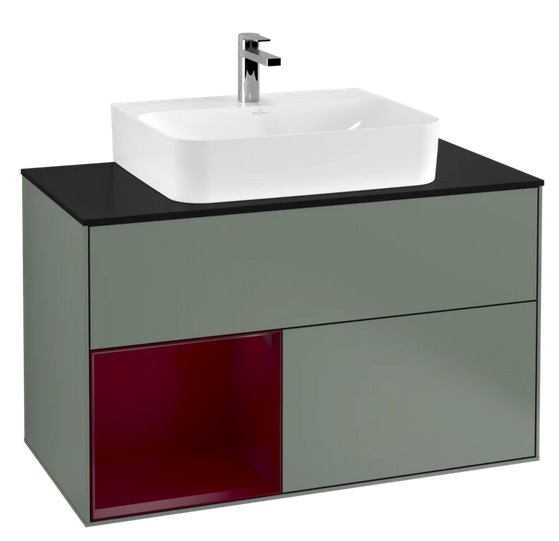 Тумба під раковину Villeroy & Boch Finion 100х50,1 см з підсвічуванням МДФ оливковий матовий лак/півон матовий лак/скло чорне матове G112HBGM